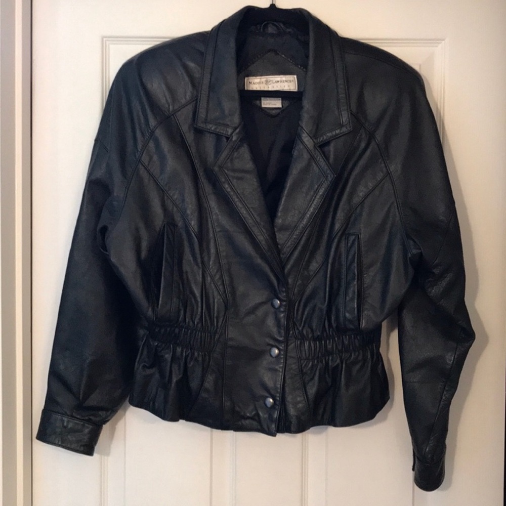 Black leather vintage coat, EUC